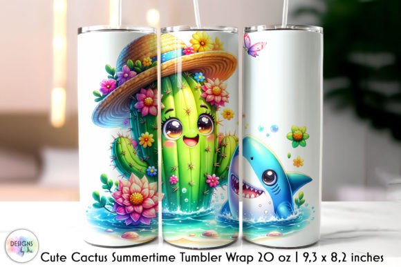 Cute Cactus with Shark Tumbler Wrap Graphics
