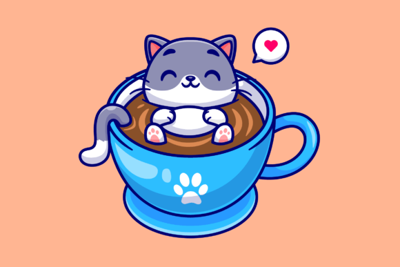 Cute Cat Sleeping in Coffee Cup Cartoon