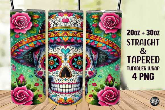 Sugar Skull 20oz Skinny Tumbler Wrap PNG Graphics