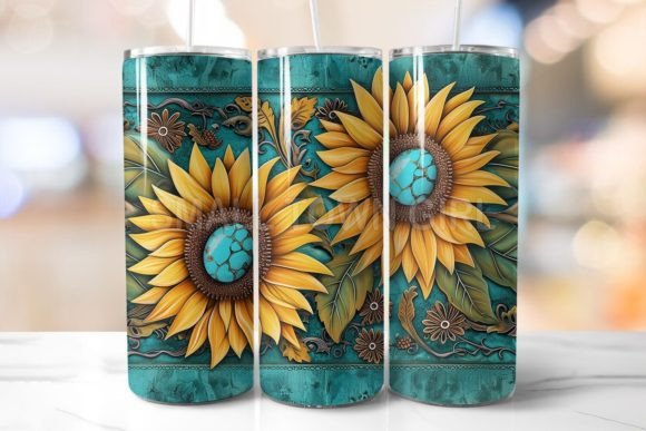 Tooled Leather Sunflower Tumbler PNG 6 — Graphics for Tumbler Wraps